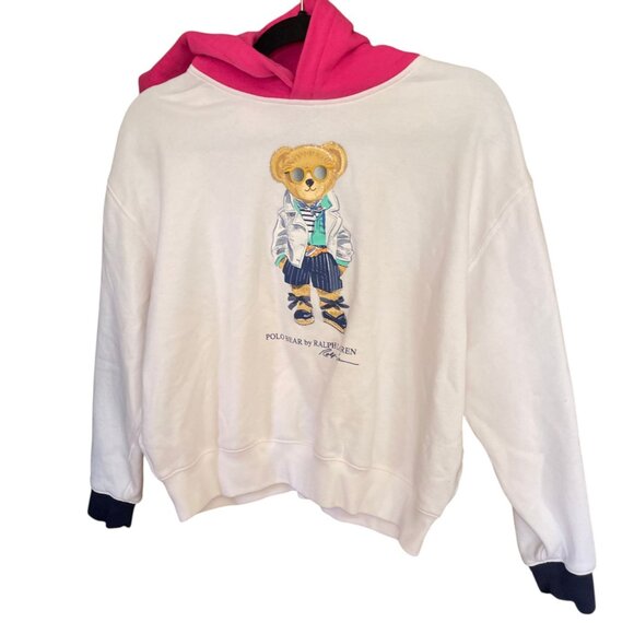 RARE Polo Bear Ralph Lauren Girls SZ XL Pink White Hoodie Fleece - Picture 2 of 14